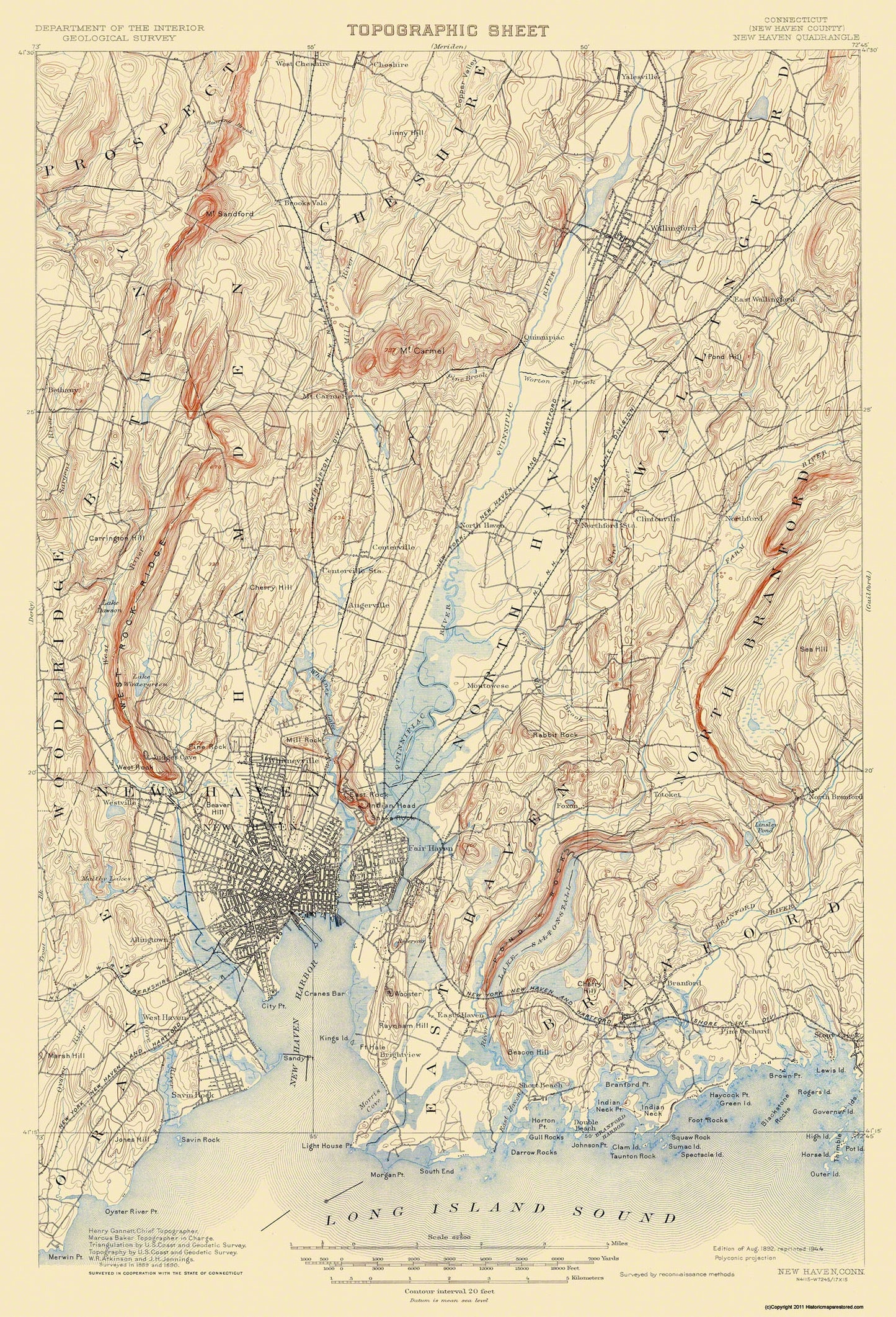 Topographical Map - New Haven Connecticut Quad - USGS 1892 - 23 x 33.78 - Vintage Wall Art