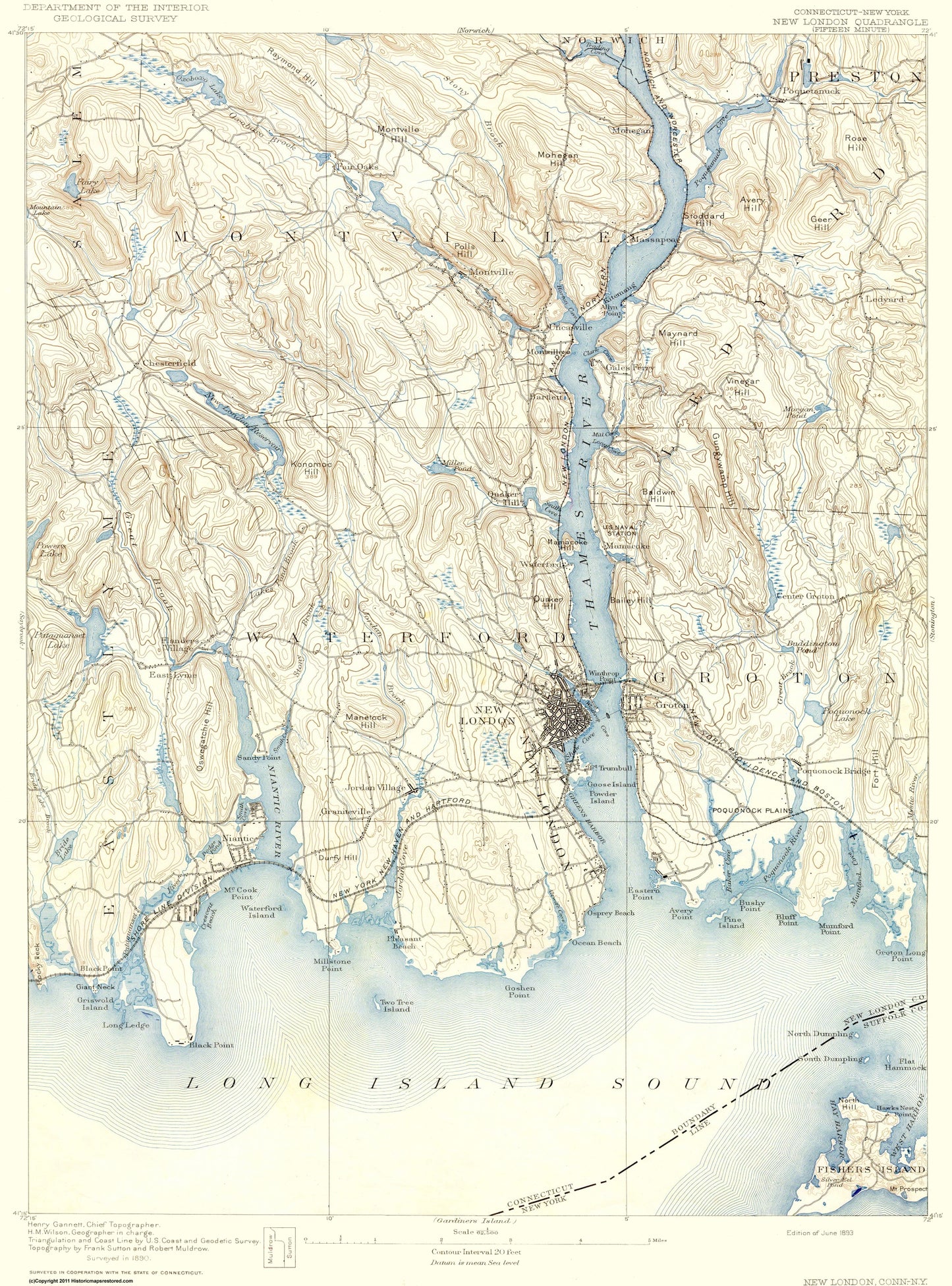 Topographical Map - New London Connecticut New York Quad - USGS 1893 - 23 x 31 - Vintage Wall Art