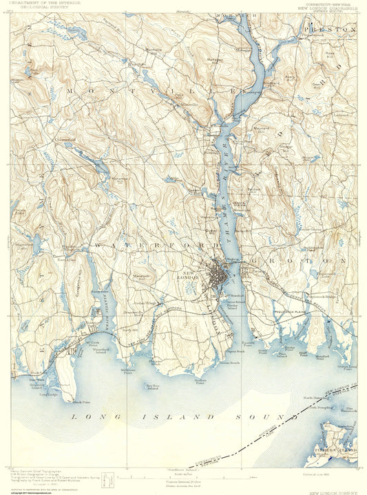 Topographical Map - New London Connecticut New York Quad - USGS 1893 - 23 x 31 - Vintage Wall Art