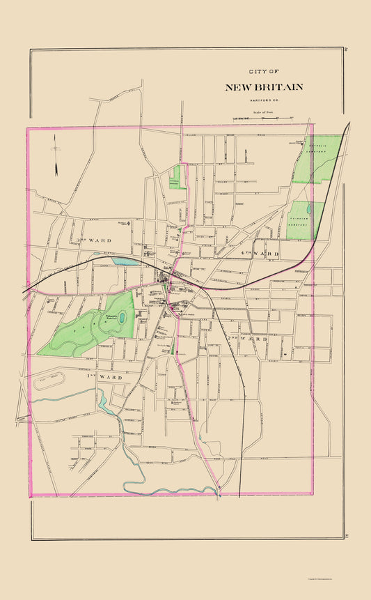 Historic City Map - New Britain Connecticut - Hurd 1893 - 23 x 37.16 - Vintage Wall Art