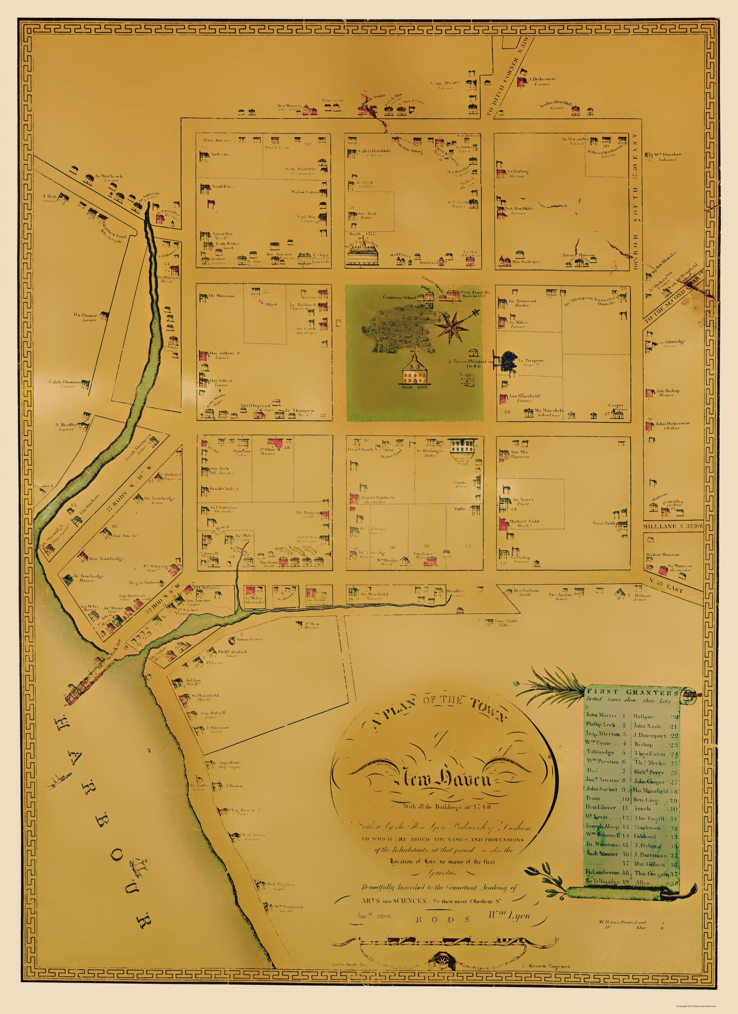 Historic City Map - New Haven Connecticut - Wadsworth 1748 - 23 x 31.62 - Vintage Wall Art