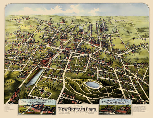 Historic Panoramic View - New Britain Connecticut - Bailey 1875 - 23 x 29.75 - Vintage Wall Art