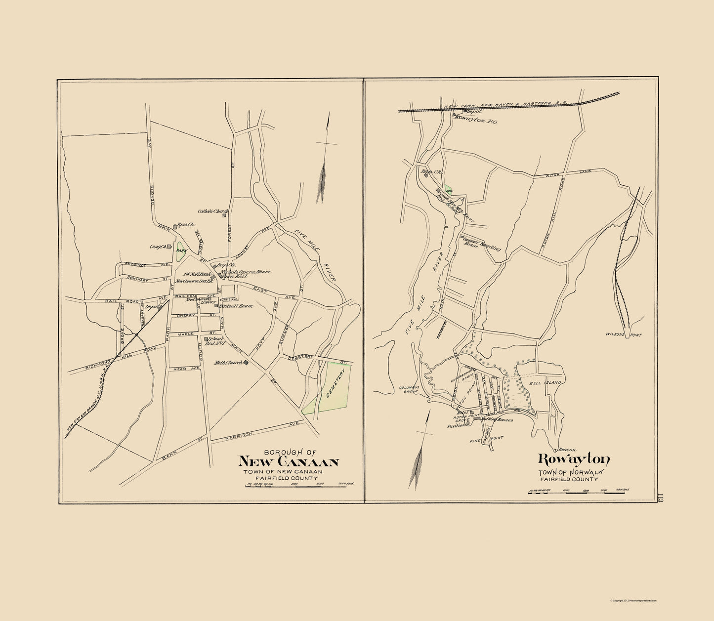 Historic City Map - New Canaan Rowayton Connecticut - Hurd 1893 - 23 x 26.44 - Vintage Wall Art