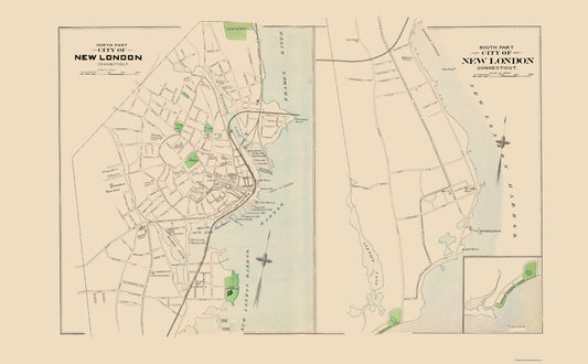 Historic City Map - New London North South Part Connecticut - Hurd 1893 - 23 x 37.16 - Vintage Wall Art