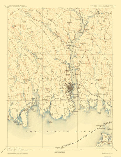 Topographical Map - New London Connecticut Sheet - USGS 1893 - 23 x 29.84 - Vintage Wall Art