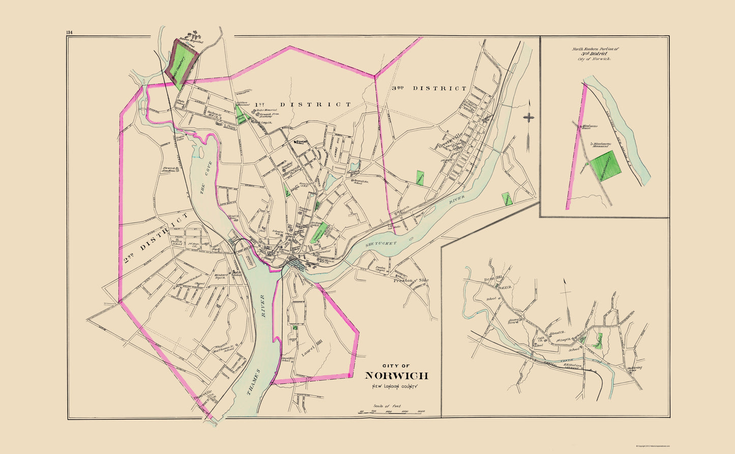 Historic City Map - Norwich Connecticut - Hurd 1893 - 23 x 37.16 - Vintage Wall Art