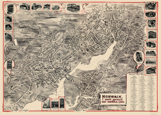 Historic Panoramic View - Norwalk Connecticut - Bailey 1899 - 23 x 32.29 - Vintage Wall Art