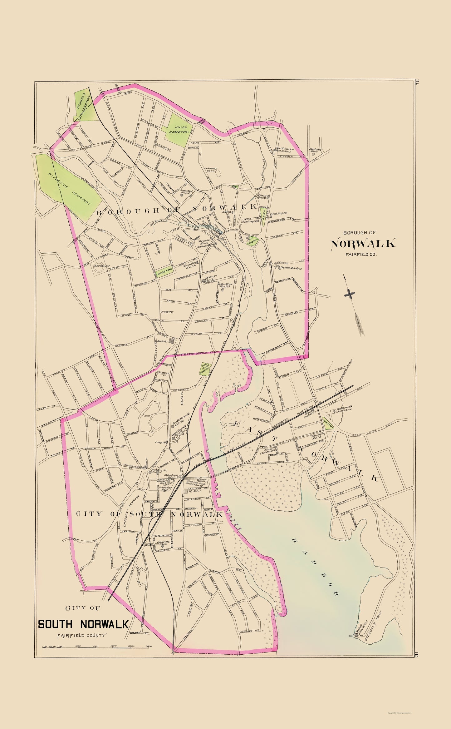 Historic City Map - Norwalk South Connecticut - Hurd 1893 - 23 x 37.16 - Vintage Wall Art