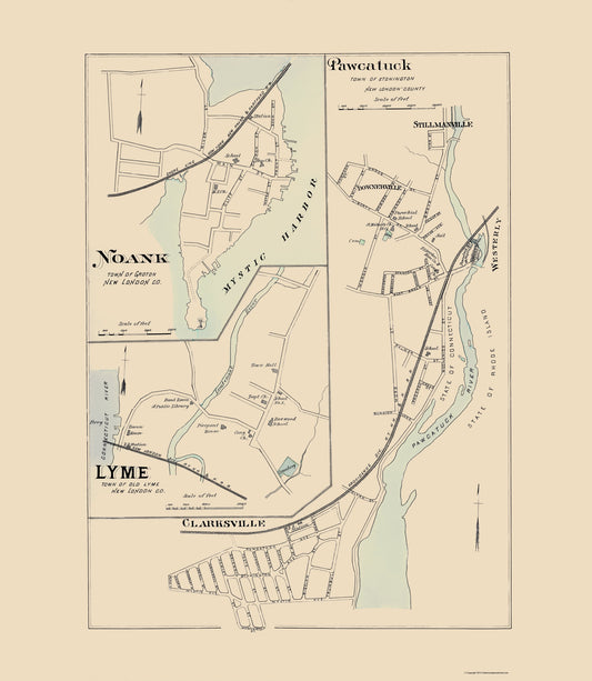 Historic City Map - Pawcatuck Noank Lyme Connecticut - Hurd 1893 - 23 x 26.44 - Vintage Wall Art