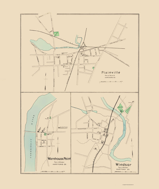 Historic City Map - Plainville Warehouse Point Windsor Connecticut - Hurd 1893 - 23 x 27 - Vintage Wall Art