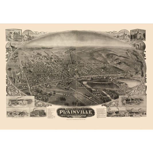 Historic Panoramic View - Plainville Connecticut - Bailey 1907 - 33.15 x 23 - Vintage Wall Art