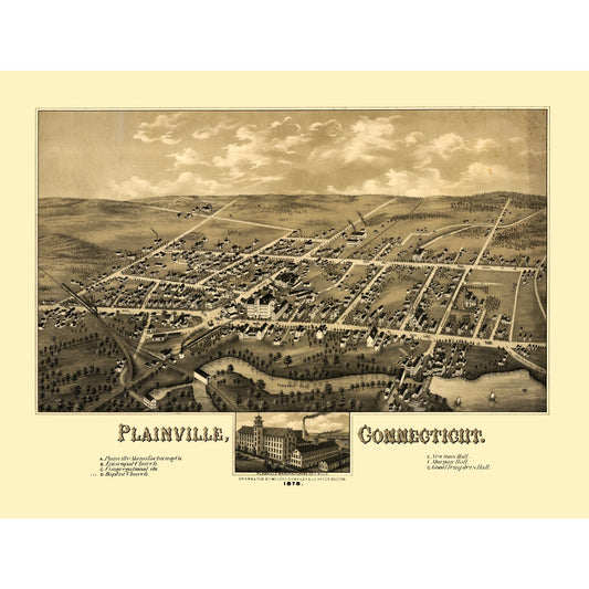 Historic Panoramic View - Plainville Connecticut - Bailey 1878 - 30.24 x 23 - Vintage Wall Art