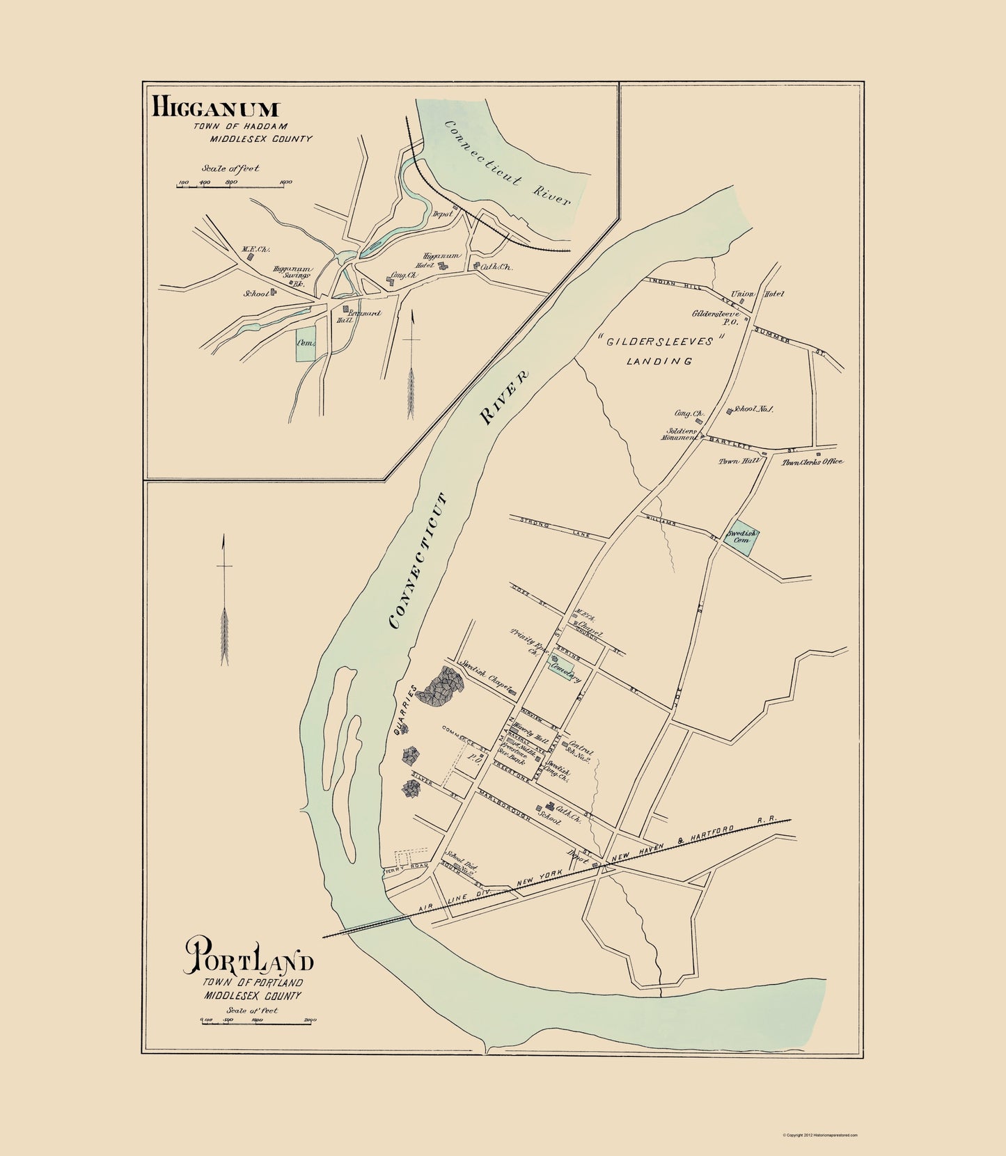 Historic City Map - Portland Higganum Connecticut - Hurd 1893 - 23 x 26.44 - Vintage Wall Art