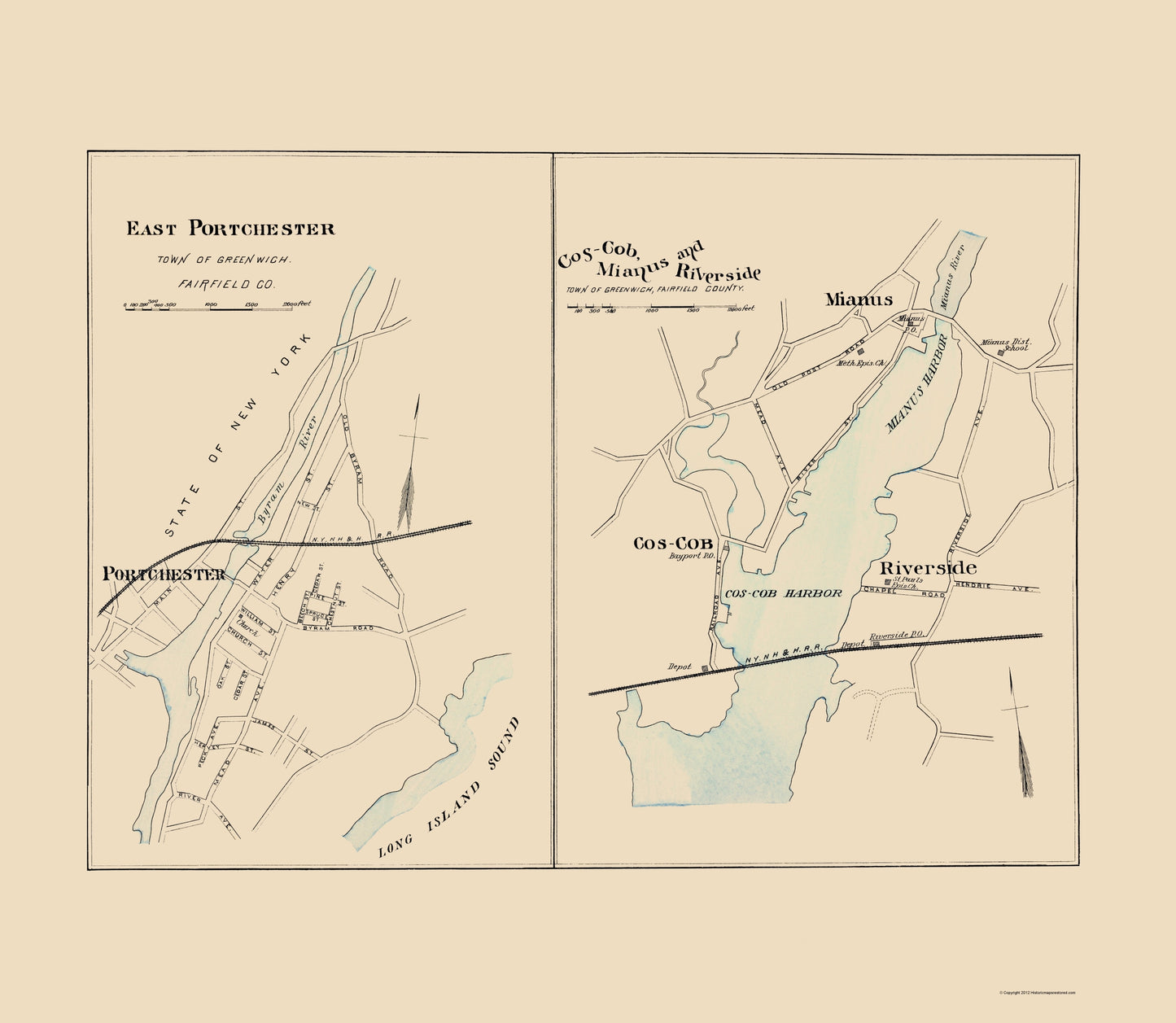 Historic City Map - Portchester East Connecticut - Hurd 1893 - 23 x 26.44 - Vintage Wall Art