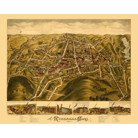 Historic Panoramic View - Rockville Connecticut - Bailey 1877 - 28.91 x 23 - Vintage Wall Art