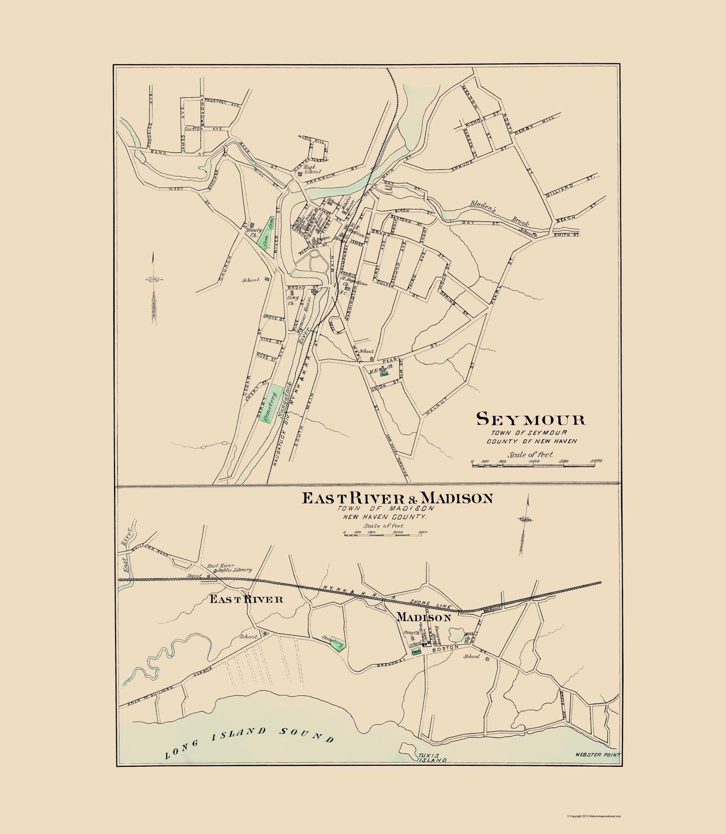 Historic City Map - Seymour East River Madison Connecticut - Hurd 1893 - 23 x 26.44 - Vintage Wall Art