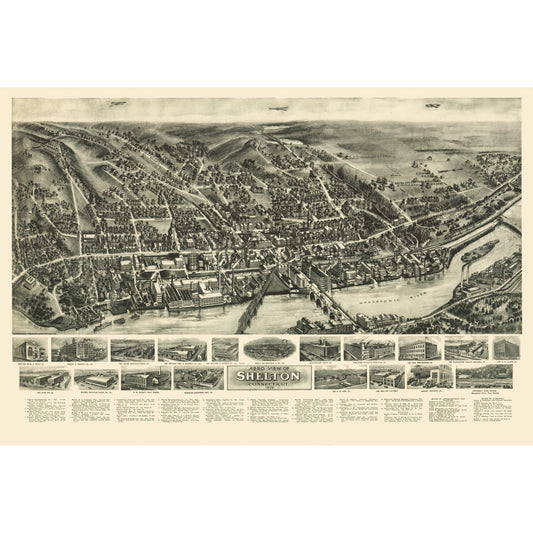 Historic Panoramic View - Shelton Connecticut - Bailey 1919 - 34.23 x 23 - Vintage Wall Art
