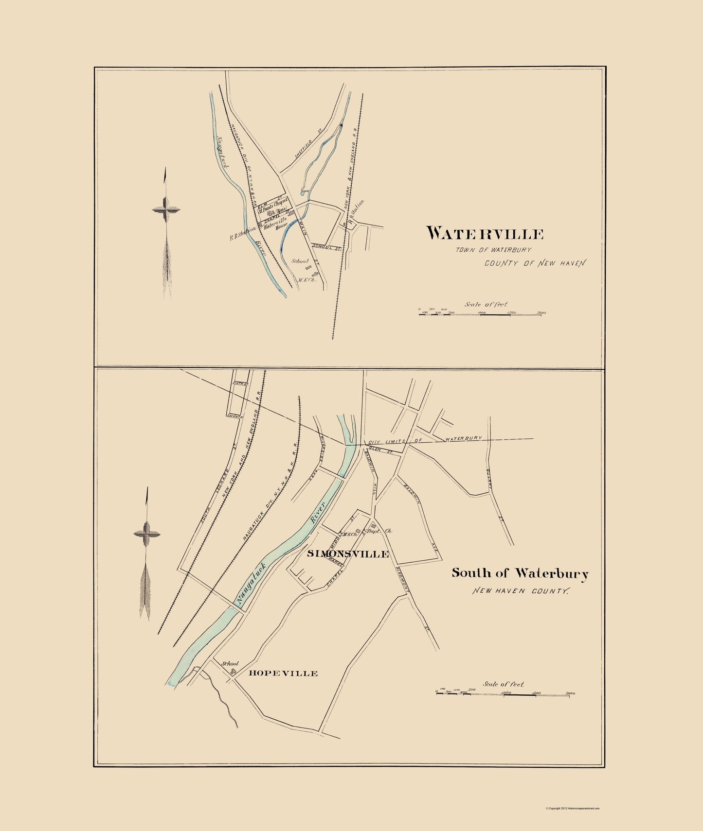 Historic City Map - South of Waterbury Connecticut - Hurd 1893 - 23 x 27.22 - Vintage Wall Art