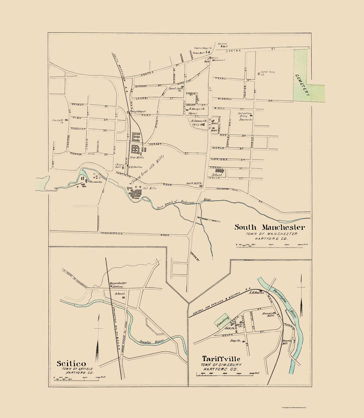 Historic City Map - Manchester South Connecticut - Hurd 1893 - 23 x 26.44 - Vintage Wall Art