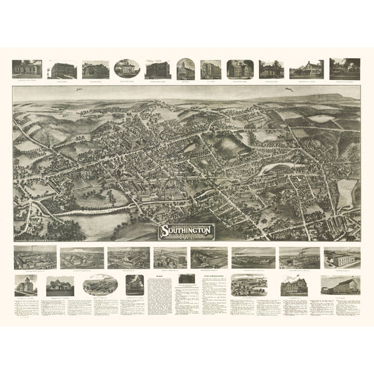 Historic Panoramic View - Southington Connecticut - Bailey 1914 - 30.78 x 23 - Vintage Wall Art