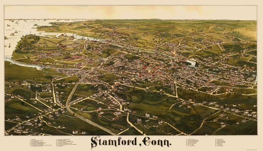 Historic Panoramic View - Stamford Connecticut - Burleigh 1883 - 23 x 39.87 - Vintage Wall Art