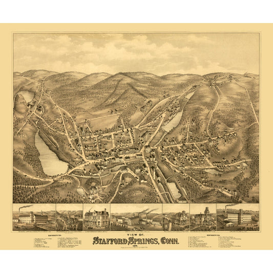 Historic Panoramic View - Stafford Springs Connecticut - Bailey 1878 - 27.68 x 23 - Vintage Wall Art