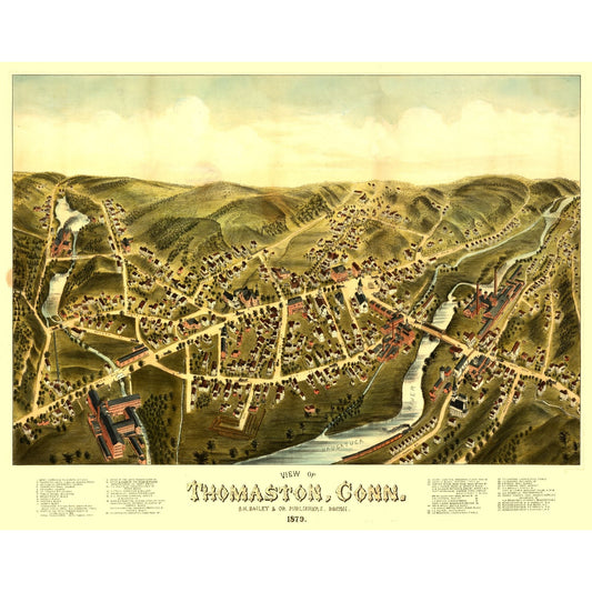 Historic Panoramic View - Thomaston Connecticut - Bailey 1879 - 29.08 x 23 - Vintage Wall Art