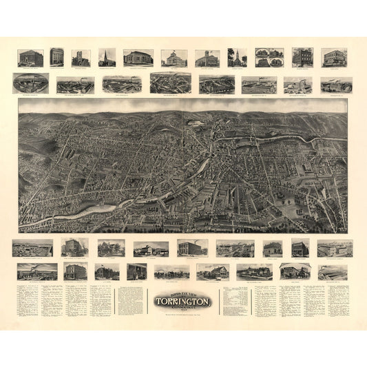 Historic Panoramic View - Torrington Connecticut - Bailey 1907 - 28.73 x 23 - Vintage Wall Art