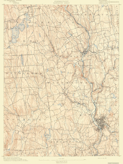 Topographical Map - Waterbury Connecticut Sheet - USGS 1892 - 23 x 30.65 - Vintage Wall Art