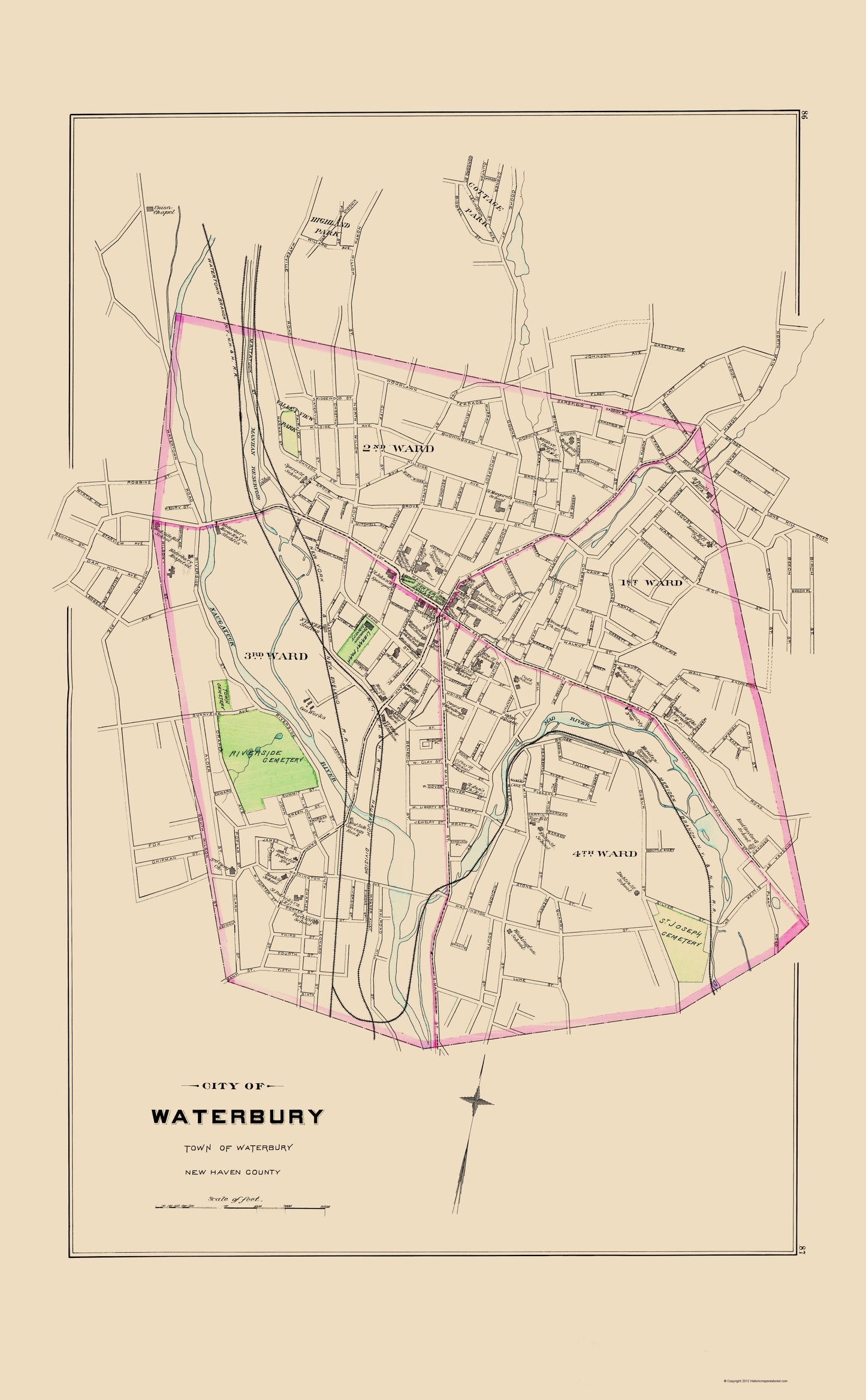 Historic City Map - Waterbury Connecticut - Hurd 1893 - 23 x 37.16 - Vintage Wall Art