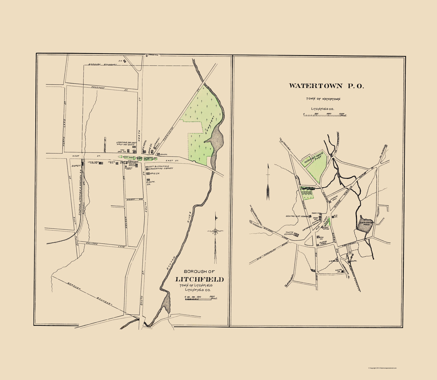 Historic City Map - Watertown Litchfield Connecticut - Hurd 1893 - 23 x 26.44 - Vintage Wall Art