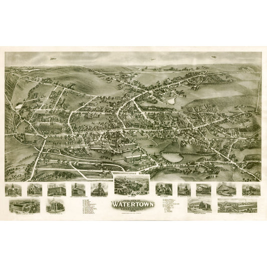 Historic Panoramic View - Watertown Connecticut - Bailey 1918 - 35.19 x 23 - Vintage Wall Art