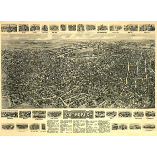 Historic Panoramic View - Waterbury Connecticut - Bailey 1917 - 31.28 x 23 - Vintage Wall Art
