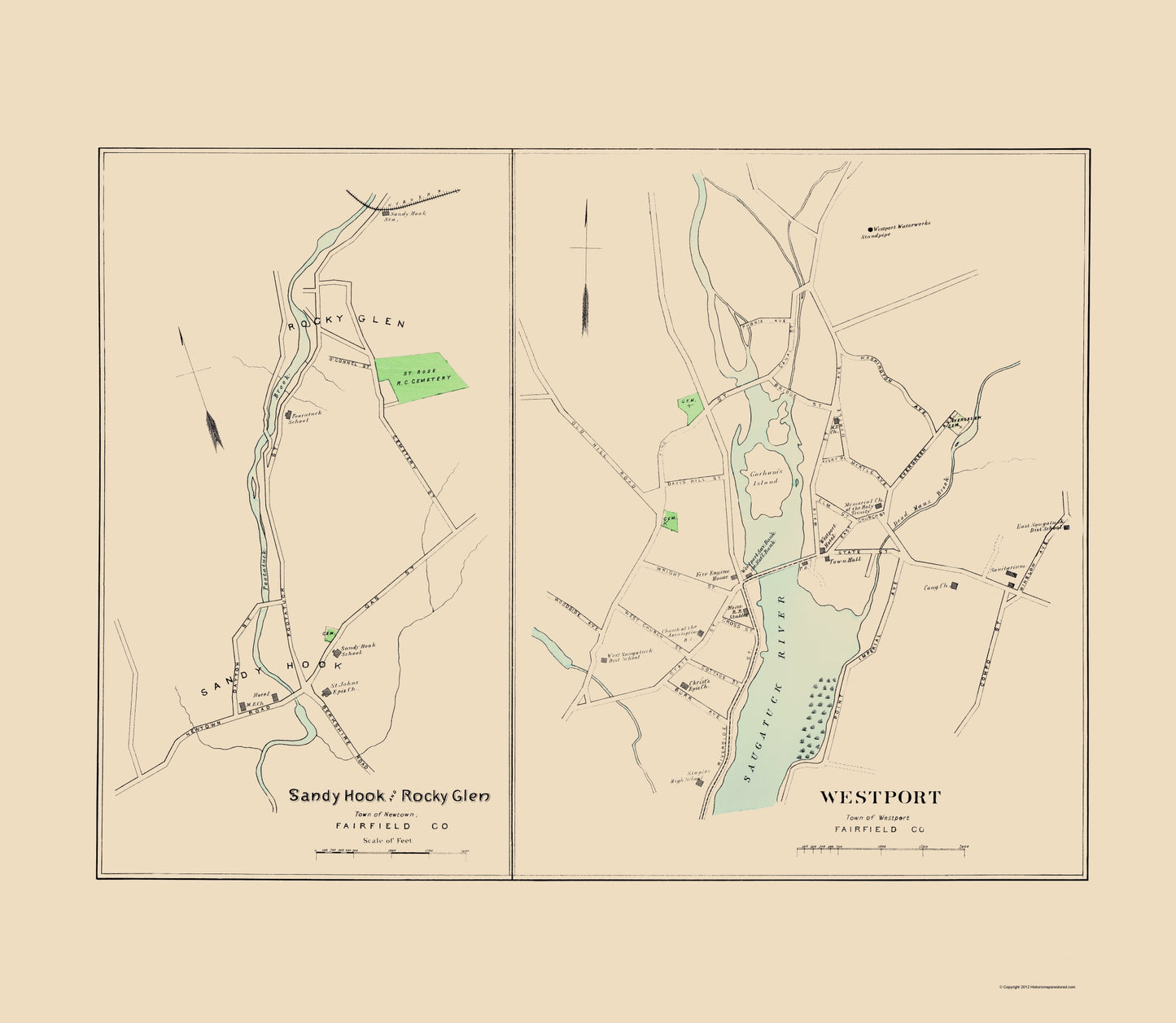 Historic City Map - Westport Sandy Hook Rocky Glen Connecticut - Hurd 1893 - 23 x 26.44 - Vintage Wall Art