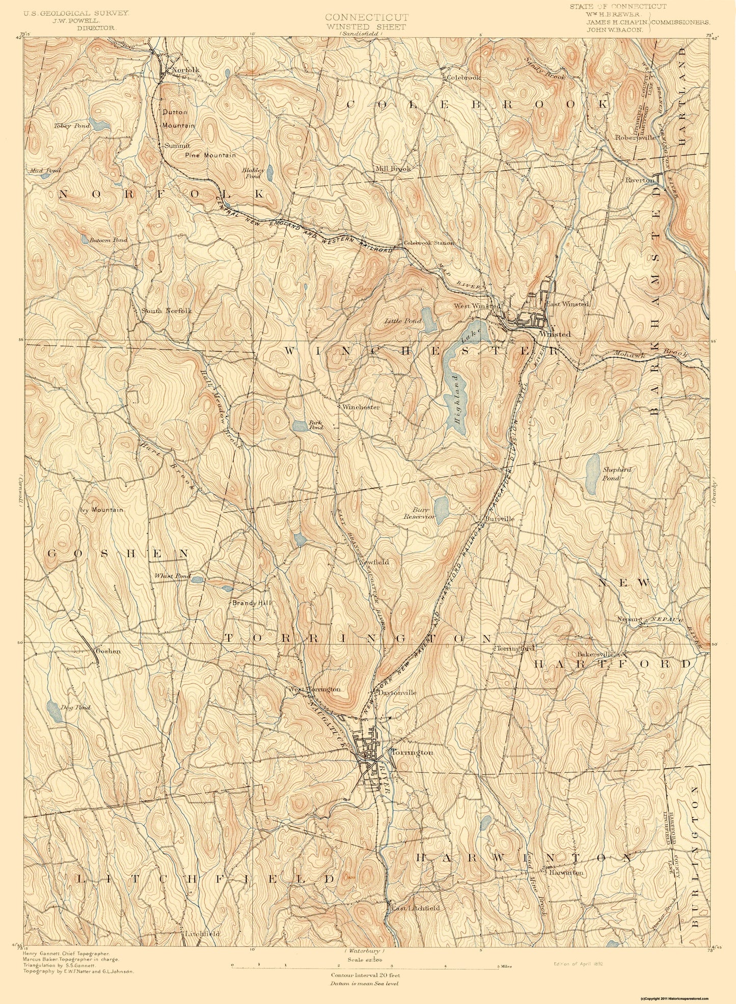 Topographical Map - Winsted Connecticut Sheet - USGS 1892 - 23 x 31.35 - Vintage Wall Art