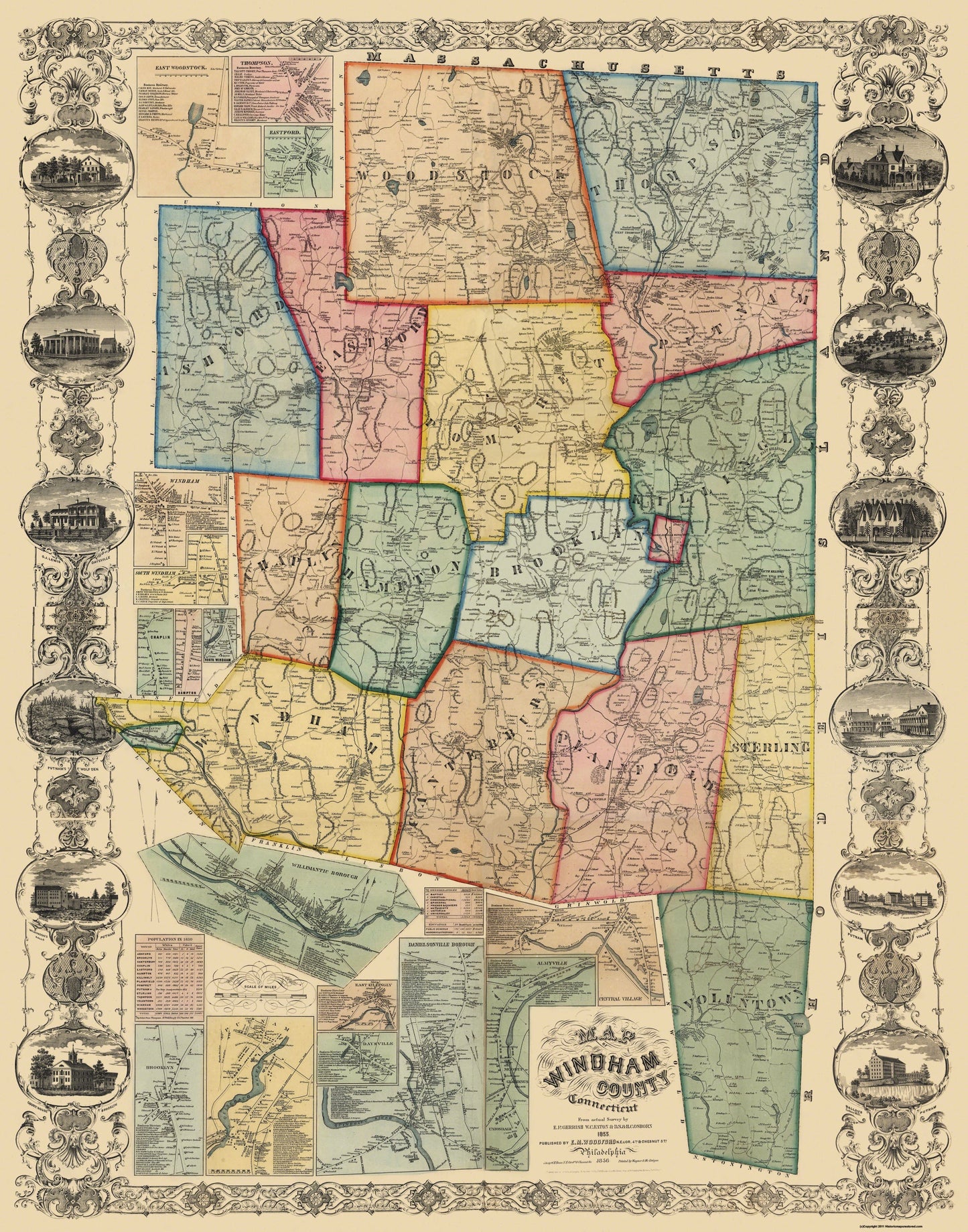 Historic County Map - Windham County Connecticut - Woodford 1855 - 23 x 29.25 - Vintage Wall Art