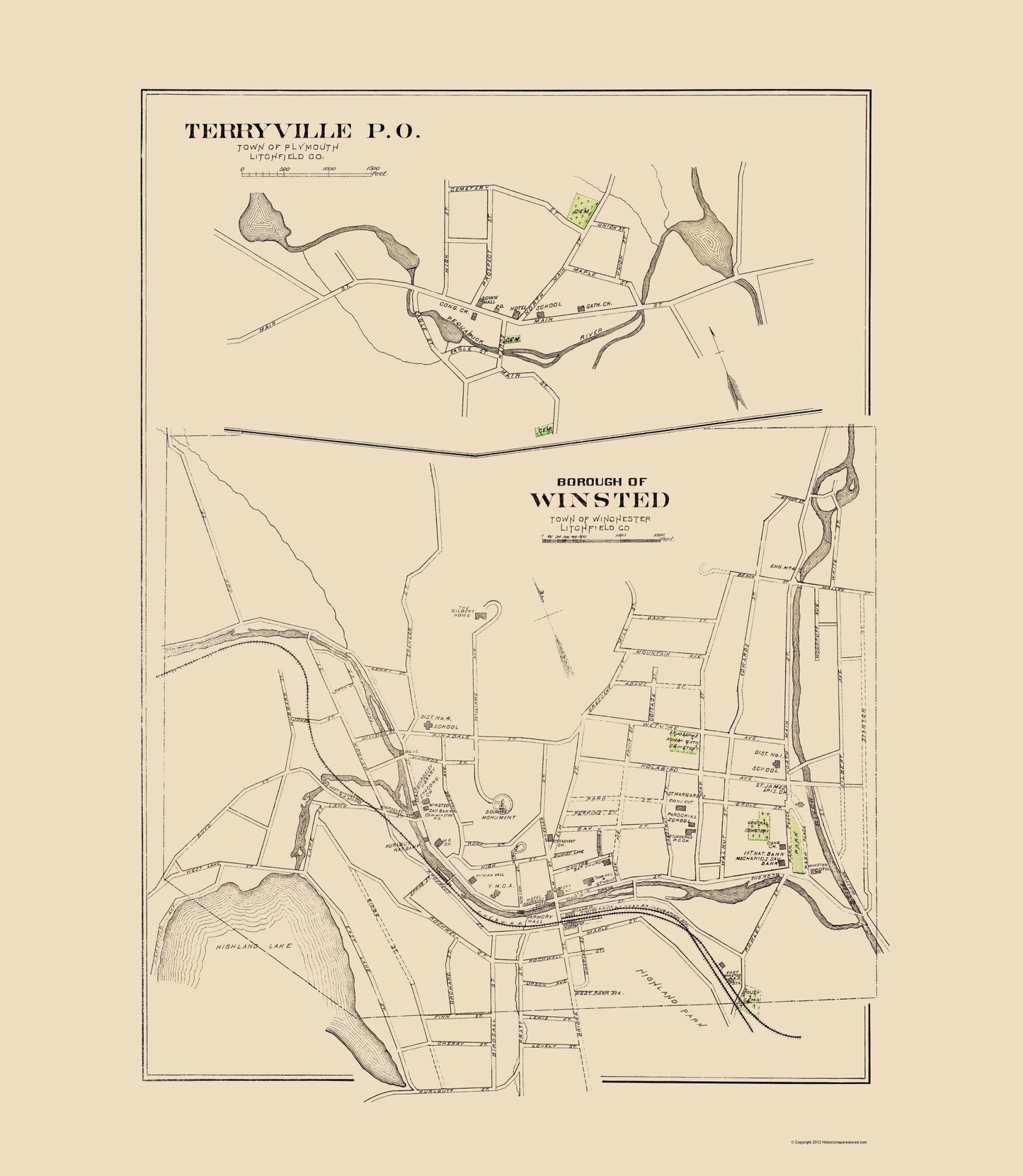 Historic City Map - Winsted Connecticut - Hurd 1893 - 23 x 26.44 - Vintage Wall Art