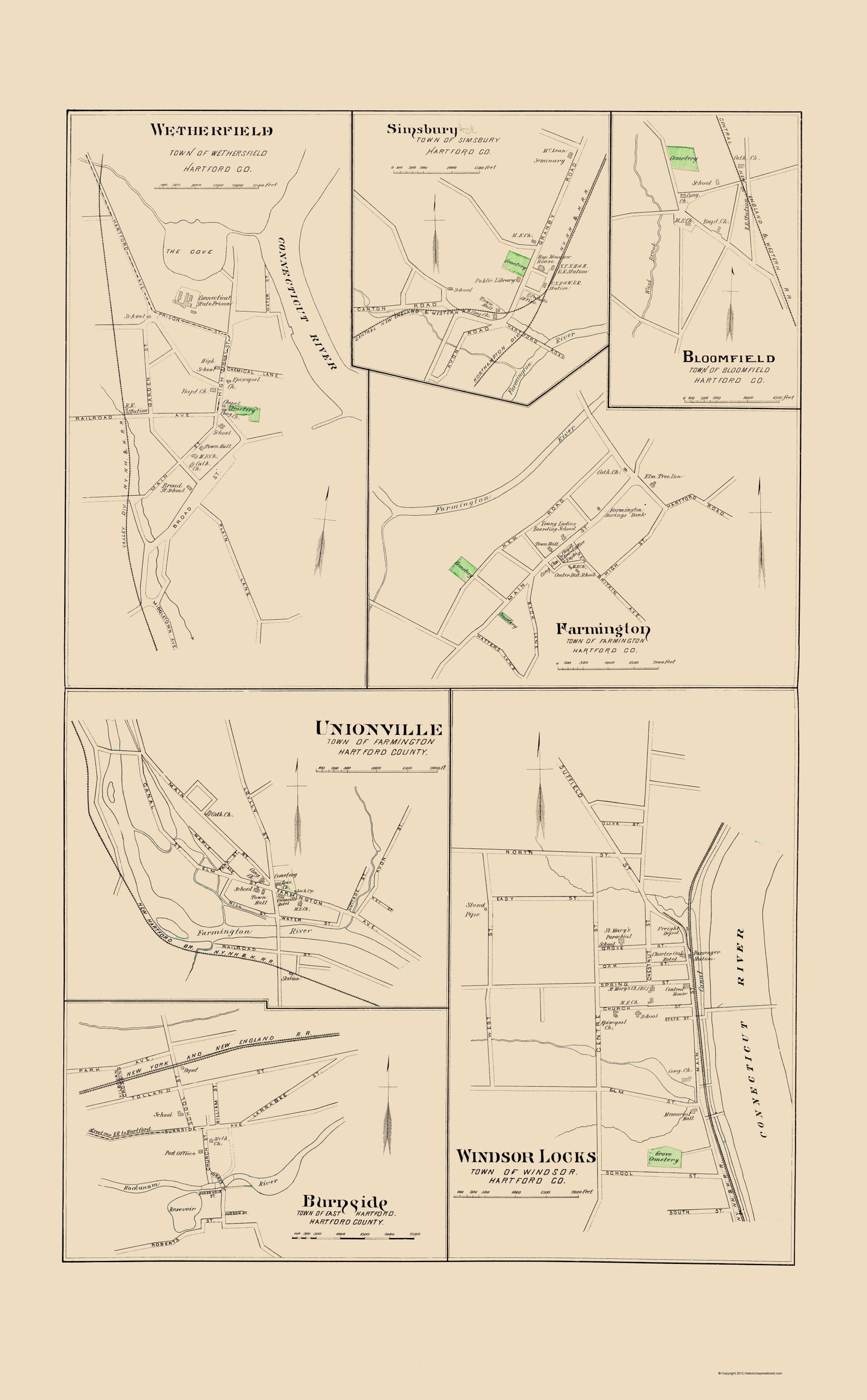 Historic City Map - Windsor Locks Wetherfield Farmington Connecticut - Hurd 1893 - 23 x 37 - Vintage Wall Art