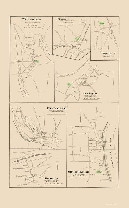 Historic City Map - Windsor Locks Wetherfield Farmington Connecticut - Hurd 1893 - 23 x 37 - Vintage Wall Art