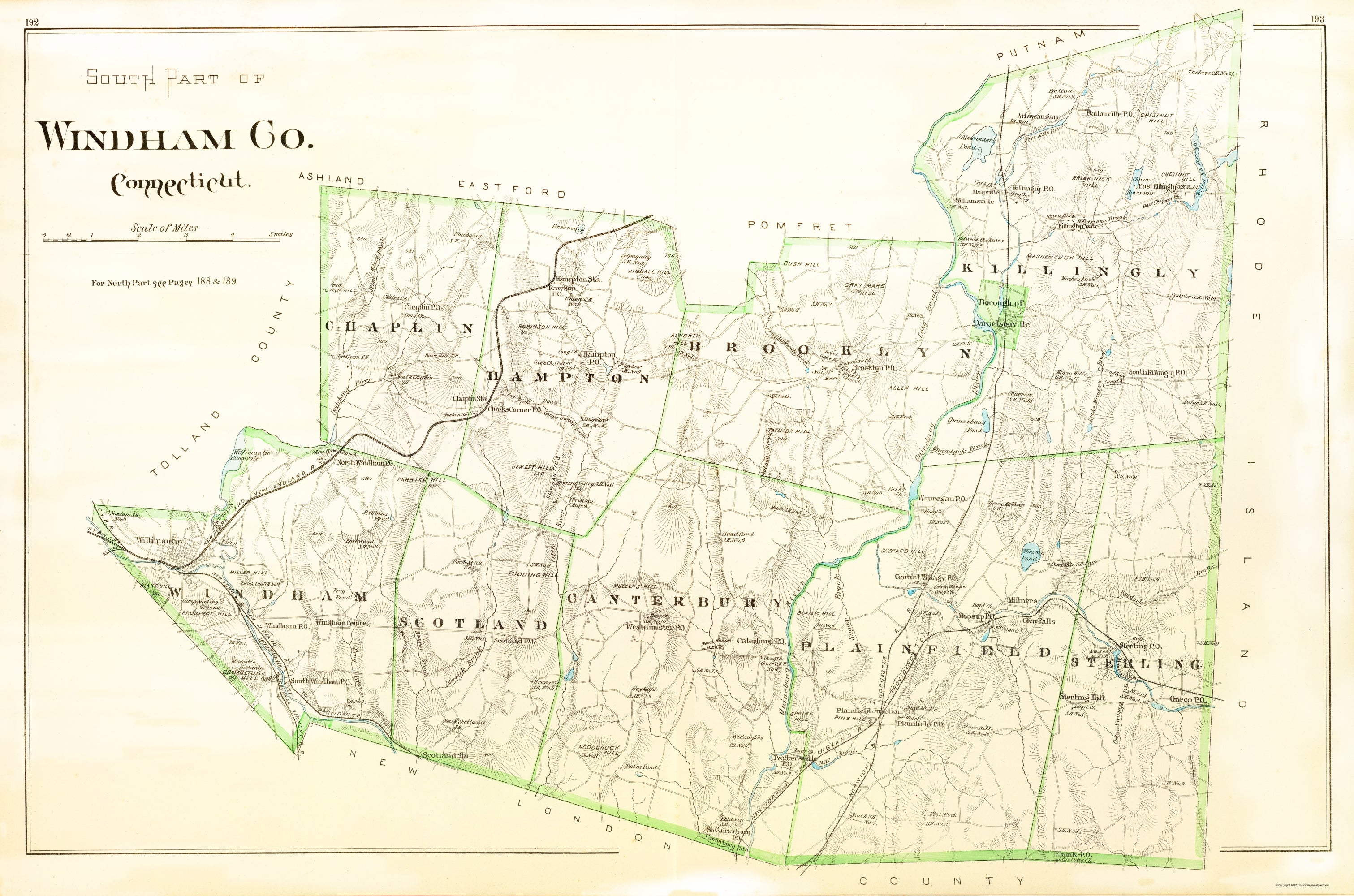 Killingly Ct Map Historic County Map - Windham County South Connecticut - Hurd 1851 - 2 ...
