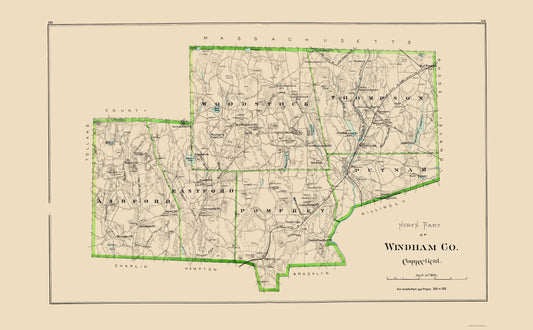 Topographical Map - Windham County North Connecticut - Hurd 1893 - 23 x 37.16 - Vintage Wall Art