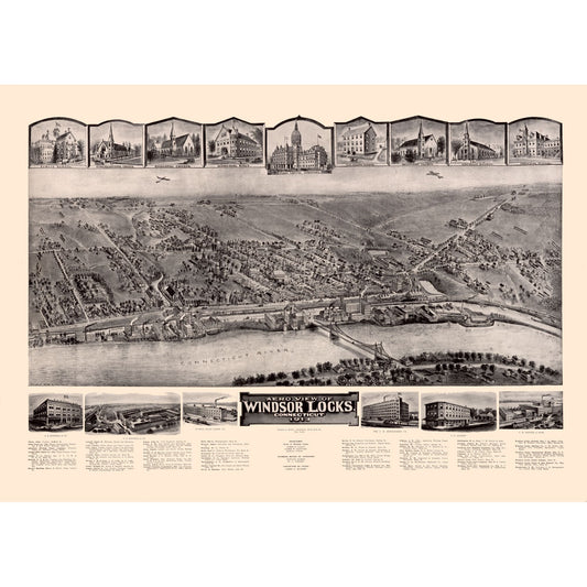 Historic Panoramic View - Windsor Locks Connecticut - Bailey 1913 - 32.33 x 23 - Vintage Wall Art