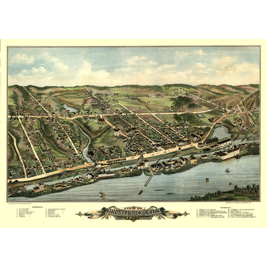 Historic Panoramic View - Windsor Locks Connecticut - Bailey 1877 - 32.53 x 23 - Vintage Wall Art