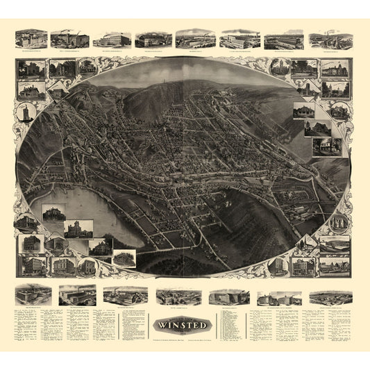 Historic Panoramic View - Winsted Connecticut - Bailey 1908 - 25.55 x 23 - Vintage Wall Art
