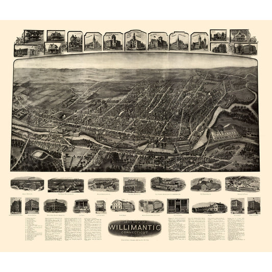 Historic Panoramic View - Willimantic Connecticut - Bailey 1909 - 26.97 x 23 - Vintage Wall Art