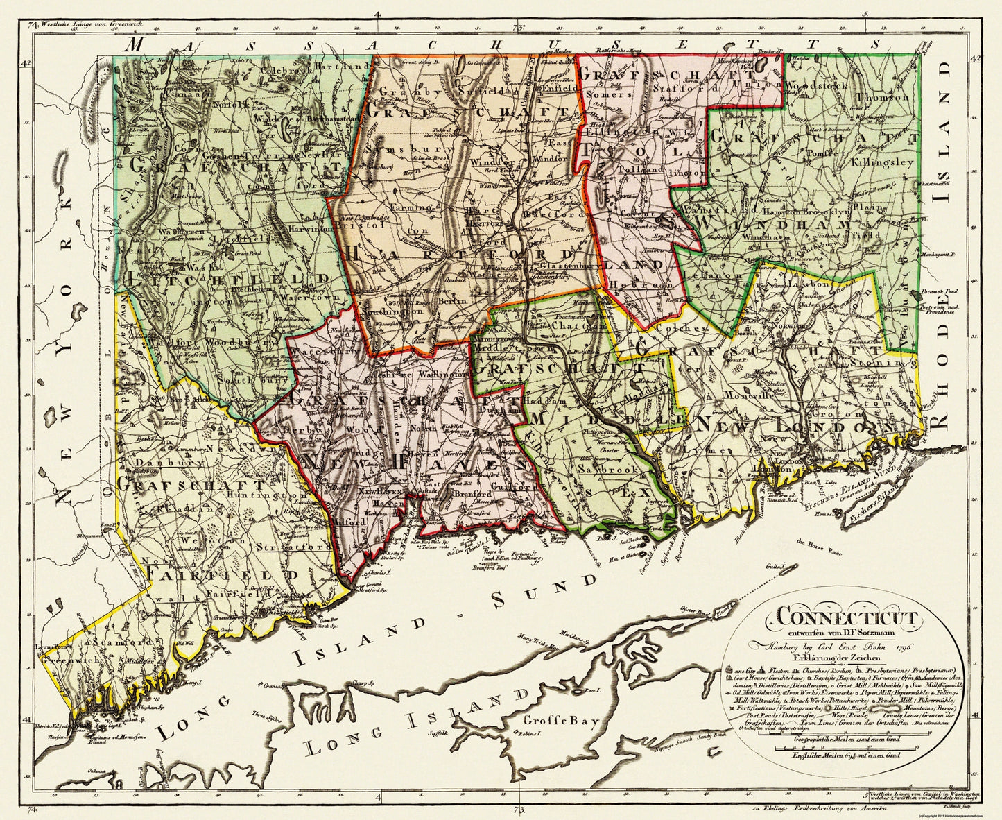 Historic State Map - Connecticut - Sotzmann 1796 - 28.13 x 23 - Vintage Wall Art