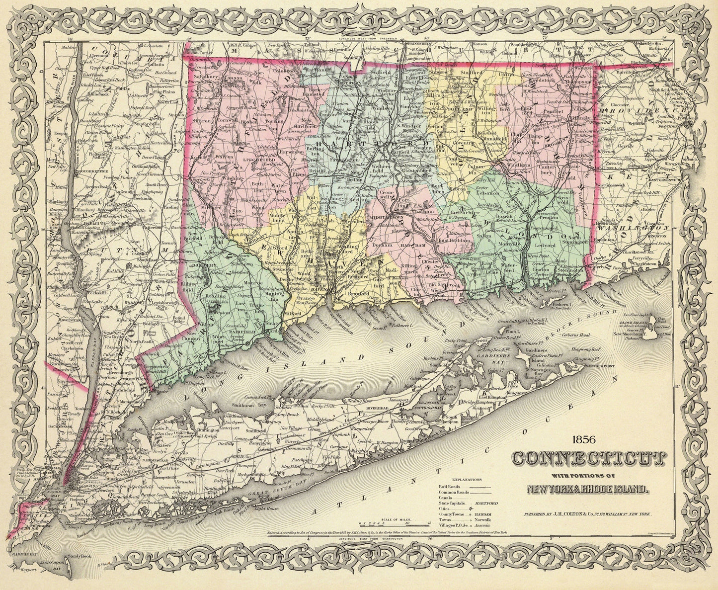 Historic State Map - Connecticut - Colton 1856 - 28 x 23 - Vintage Wall Art