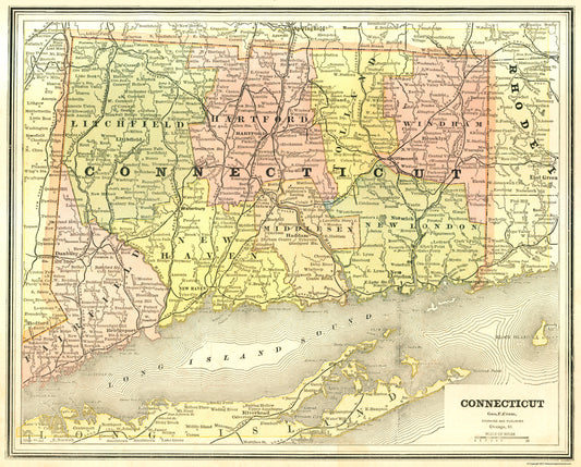 Historic State Map - Connecticut - Cram 1886 - 23 x 28.59 - Vintage Wall Art