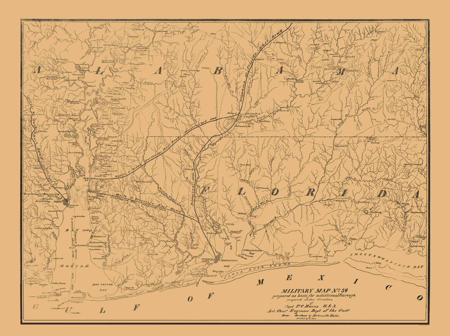 Historical Civil War Map - Alabama South Florida West Military - Hains 1864 - 23 x 30.79 - Vintage Wall Art