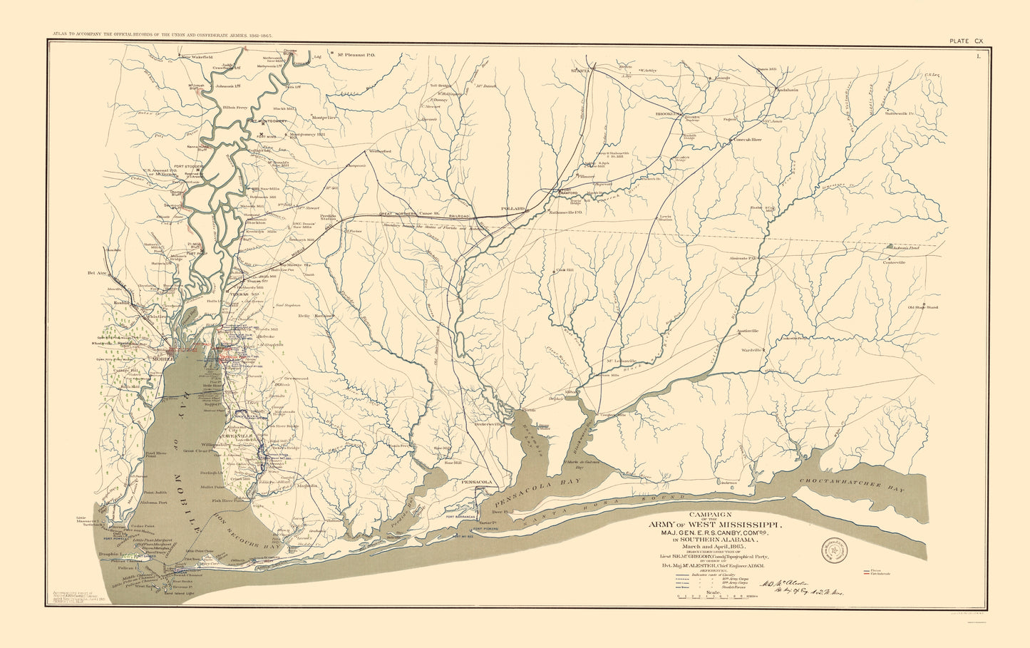 Historical Civil War Map - Mississippi West Army - Alester 1865 - 23 x 36.55 - Vintage Wall Art